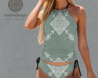 Dwuczęściowy damski komplet tankini z topem typu halter z wysokim dekoltem (nadruk na całej powierzchni) z nadrukiem w świętą geometrię