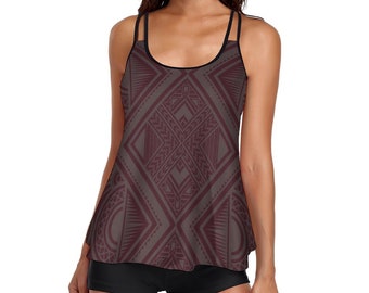 May include: A maroon tank top with a geometric pattern and a black pair of shorts. The tank top has a scoop neck and thin straps.