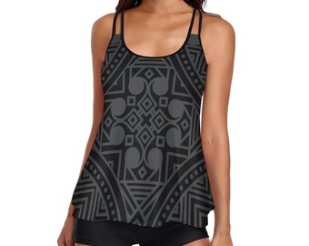 May include: A black swimsuit with a geometric pattern. The top has a scoop neck and thin straps. The bottom is a pair of shorts.