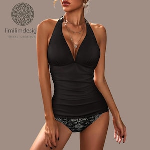 Native Print Tankini Swimsuit: Boho Halter, dwuczęściowy, z dekoltem w serek