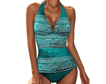 Boho Native Print Tankini Set: Halter V-Neck Swimsuit