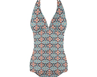 Vintage Flower Print Halter Tankini  Boho Swimwear by limilimdesign