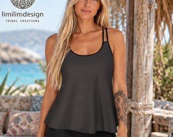 Brauner Tankini-Badeanzug im Ethno-Stil, Boho-Zweiteiler, fließendes Tanktop und Shorts, erdige Boho-Strandmode für Damen