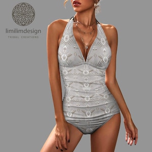 Zestaw tankini w stylu boho z nadrukiem: kostium kąpielowy z dekoltem w serek i halterem