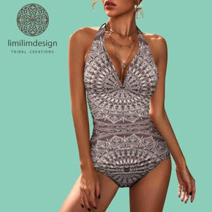 Boho Native Print Tankini Swimsuit: Halter V-Neck Two Piece