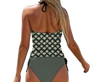 Boho Geometric Print Tankini Swimsuit: Halter V-Neck Two Piece