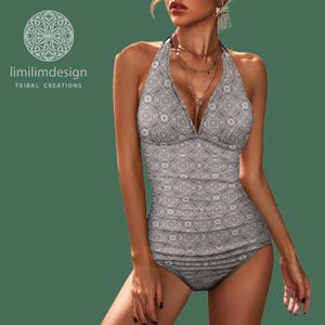 Boho Halter Tankini Swimsuit: Black Native Print Two-Piece