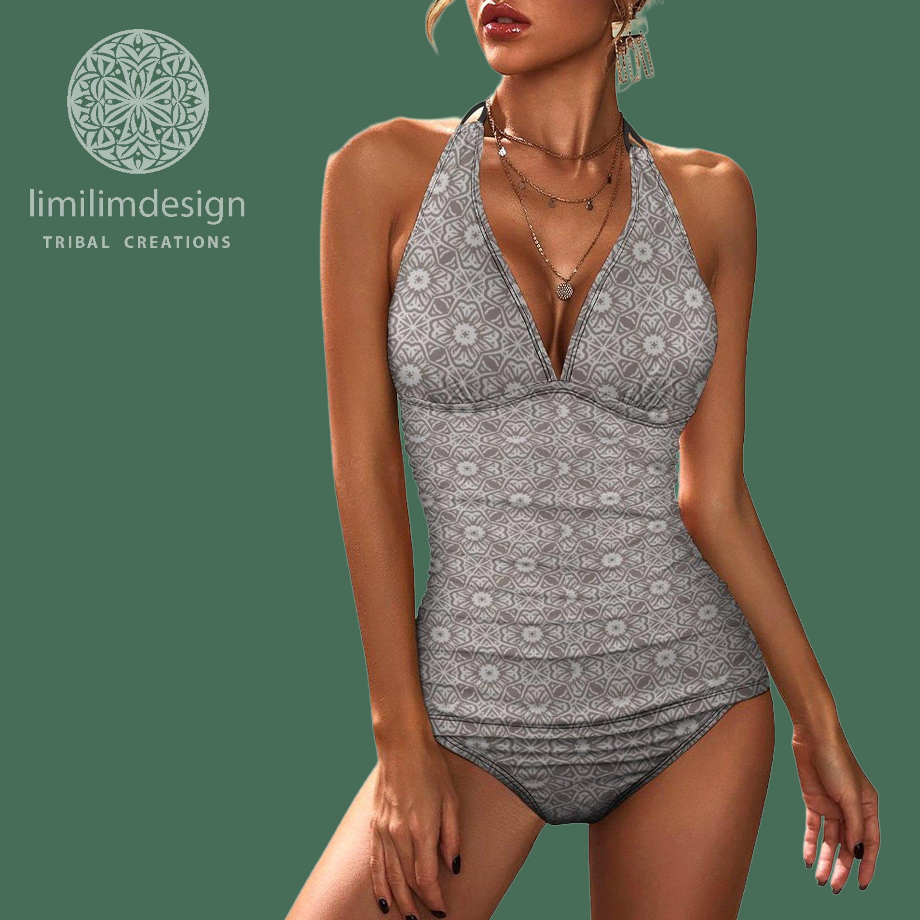 Boho Halter Tankini Swimsuit: Black Native Print Two-Piece