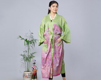 Kimono sari en soie vintage indien, robe kimono en mélange de soie, robe de chambre bohème, robe de demoiselle d'honneur, robe de soirée, robe bohème, kimono de plage