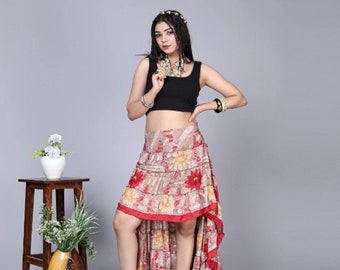 Jupe haute bohème, fluide et colorée, jupe haute bohème élégante et basse, vive et confortable pour les vêtements de plage, jupe haute en soie sari.