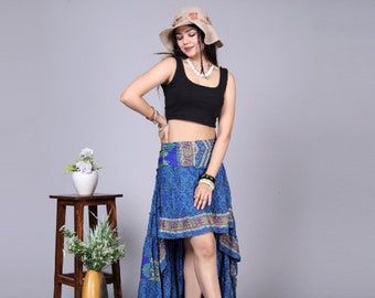 Blue Hi Low Skirt, Bohemian Full Skirt, Ruffle Maxi Skirt, Lightweight Summer Skirt, Long Floral Skirt, Flowing, Boho Skirt, Twirl, Formal