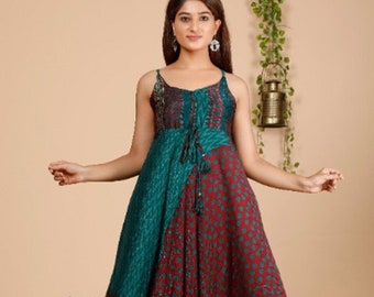 Boho Boho Vintage hecho a mano comercio justo indio seda sari sari impreso Indu Spaghetti Strap vestido tubo vestido falda