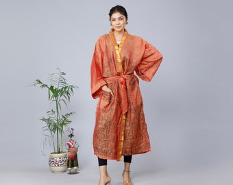 Kimono sari en soie vintage indien, robe kimono en mélange de soie, robe de chambre bohème, robe de demoiselle d'honneur, robe de soirée, robe bohème, kimono de plage