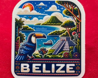 Belize Travel Sticker, Toucan, Mayan Ruins, Weatherproof Vinyl
