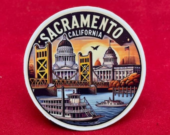 Sacramento, California, Adesivi, Adesivi resistenti alle intemperie, Diario di viaggio, Adesivi per valigie, Adesivi per bagagli, Adesivi fustellati, 1