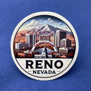 Reno, Nevada, Autocollants, Autocollant résistant aux intempéries, Carnet de voyage, Autocollant pour valise, Autocollants pour bagage, Autocollants découpés, 3