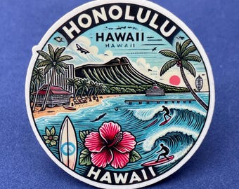 Honolulu, Hawaii, Klistermärken, Vattentätt klistermärke, Resedagbok, Resväskeklistermärke, Bagageklistermärken, Stansade klistermärken, 2