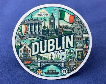 Dublín, Irlanda, Pegatinas, Pegatina resistente a la intemperie, Diario de viaje, Pegatina para maleta, Pegatinas para equipaje, Pegatinas troqueladas, 2