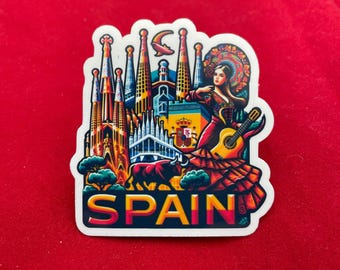 Adesivo da viaggio Spagna, ballerina di flamenco, toro, monumento, vinile resistente alle intemperie