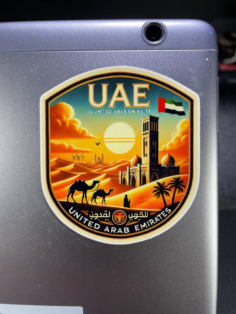 Vintage UAE Travel Sticker • Retro Dubai Abu Dhabi Desert Skyline Decal ...