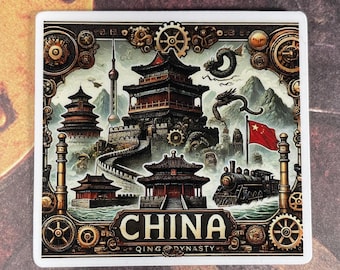 Steampunk China Travel Sticker – Vintage Vinyl Souvenir Decal for Laptop, Water Bottle, Journal, or Scrapbook