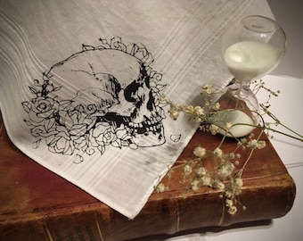 Skull Handkerchief - Gothic Handkerchief - Skull & Flowers Hankie