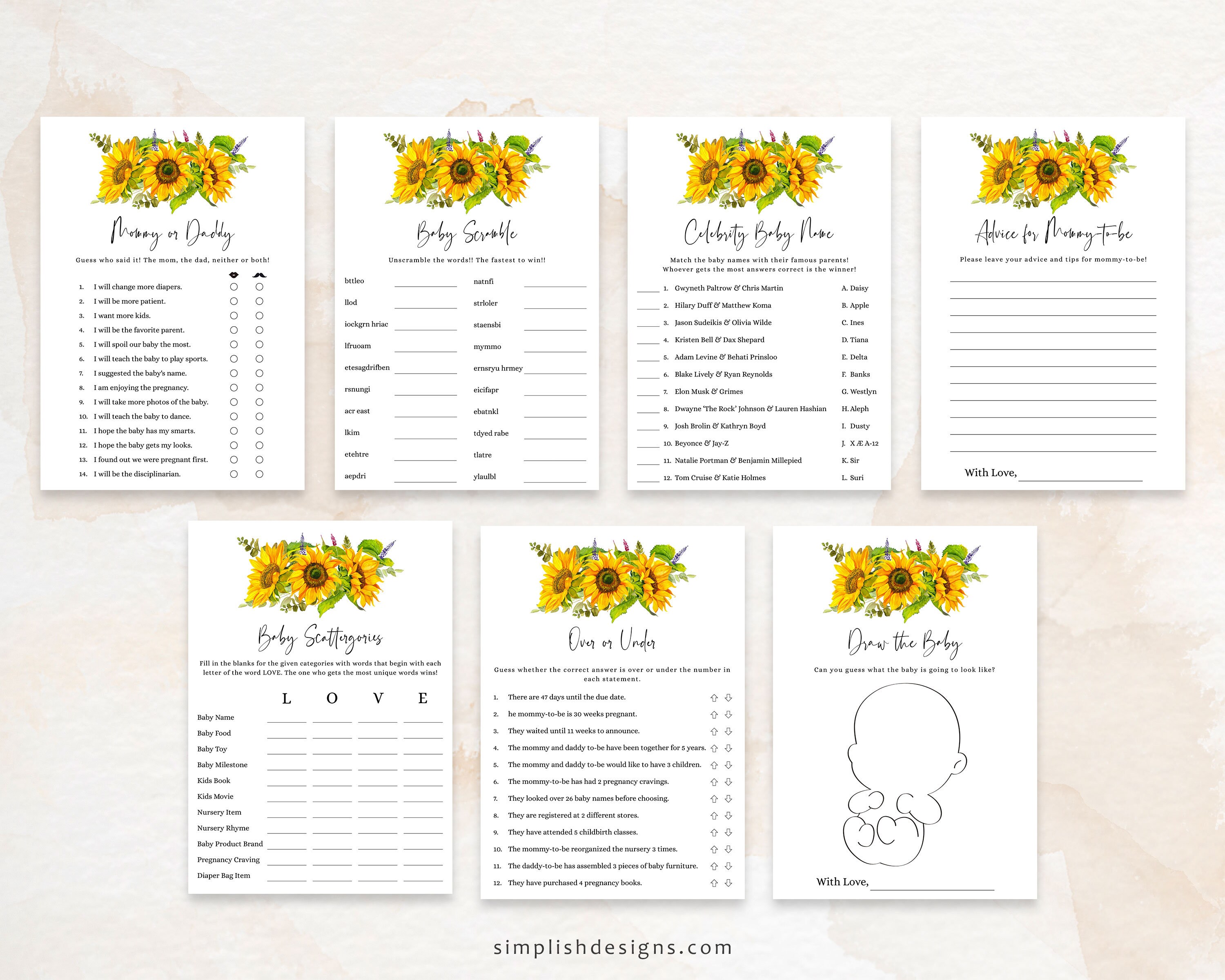 EDITABLE Sunflower Baby Shower Games Bundle Baby Shower Games Etsy Australia