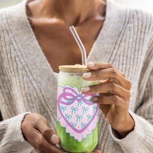 Coquette Vibe Sipper Glass, Cute Heart and Bows, 16 oz Matcha Coffee Cup, Gift for Coffee Lovers, Adorable Drinkware, Valentine&#39;s Day Gift