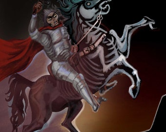 May include: A skeletal horse with a blue mane rears up, its rider wearing silver armor and a red cape. The rider holds a sword in their right hand.