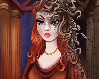 May include: A woman with red hair and a white face with black eyes and a red mouth. Her hair is covered in snakes. She is wearing a brown dress.