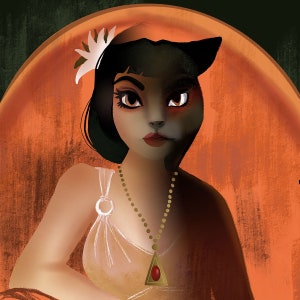 May include: Digital illustration of a woman with a cat-like appearance. She wears a gold necklace with a red triangular pendant. A white flower adorns her dark hair. The background is orange and dark green.