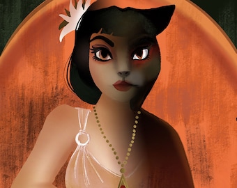 May include: Digital illustration of a woman with a cat-like appearance. She wears a gold necklace with a red triangular pendant. A white flower adorns her dark hair. The background is orange and dark green.