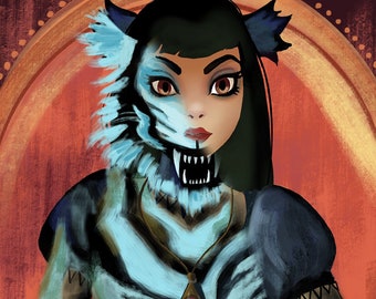 May include: A woman with dark hair and a blue and white wolf mask, wearing a dark blue dress with white trim and a gold necklace with a blue gem pendant.