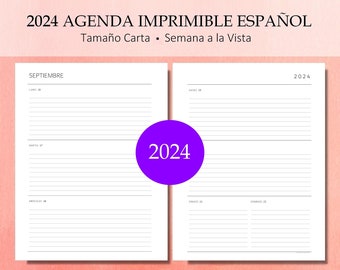 Agenda 2024 Diario Imprimible. Semana a la Vista Con Fecha. Semana Por Dos Páginas. Incluye: Con y Sin Líneas. Planificadora. PDF. CARTA