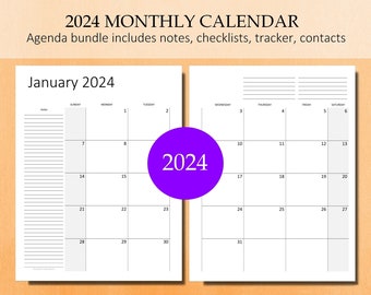 2024 Monatskalender-Planer. PDF Agenda zum Ausdrucken. Enthält Notizen, Kontakte, & MEHR Passend für 3-Ring-Ordner. Größe: US Letter / 8,5x11