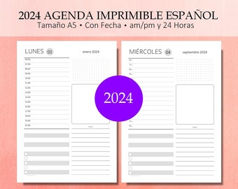 Agenda 2024 Diaria Imprimible Un Día Por Página Organizador Diario 366 Días Con Fecha en am/pm o Tiempo 24 Horas. espagnol. PDF A5