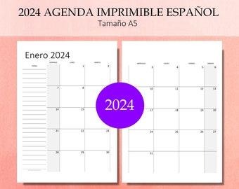 Agenda 2024 Kit Planificador Español Imprimible avec Vista Mes, Año, Contactos, Notas, Cumpleaño, Lista y Mas ! PDF A5