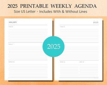 2025 Agenda Printable Planer Kalender Bündel. Wochenübersicht, Jahresübersicht, Notizen, Kontakte, Mehr passt in 3-Ring-Ordner. Größe: Letter / 8,5x11