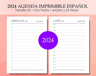 2024 Agenda Diaria Kit Imprimible Ein Tag für Seite Organizador Diario 365 Tage Con Fecha am / Nachts zu Zeit 24 Horas. Spanisch. PDF-Datei