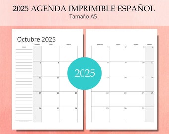 2025 Agenda Calendario Kit Planificador Español Imprimible con Vista Mes, Año, Contactos, Notas, Cumpleaño, Lista y Mas! PDF A5