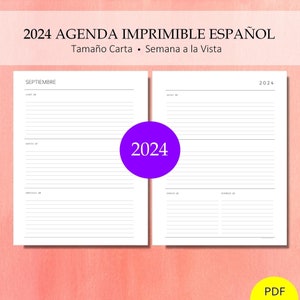 2024 Agenda Diaria Imprimible. Semana a la Vista Con Fecha. Semana Por Dos Páginas. Incluye: Con y Sin Líneas. Planificadora. PDF. CARTA
