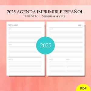 2025 Semana a la Vista Con Fecha. Semana Por Dos Páginas: Con y Sin Líneas. Imprimible Planificadora Diaria Agenda. PDF. A5
