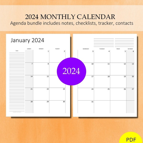 2024 Monthly Calendar Planner. PDF Agenda Printable. Inlcudes Notes, Contacts, & MORE Fits 3-Ring Binders. Size: US Letter / 8.5x11