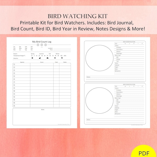 Bird Watching Printable Kit Designs and Templates Include: Bird Journal, Birding Count, Bird ID, Life List, & MORE! PDF, size 8.5x11