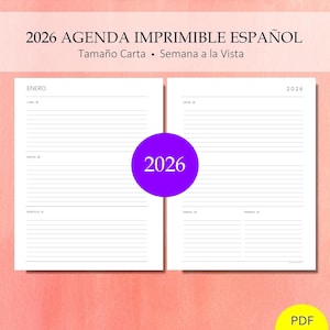 2026 Agenda Diaria Imprimible. Semana a la Vista Con Fecha. Semana Por Dos Páginas. Incluye: Con y Sin Líneas. Planificadora. PDF. CARTA