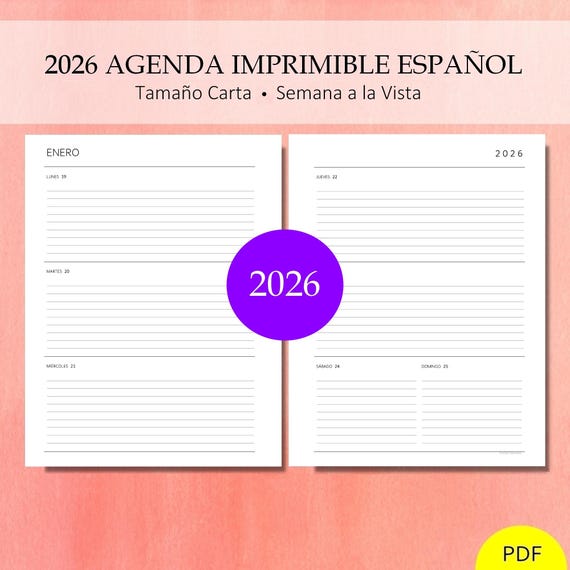 2026 Agenda Diaria Imprimible. Semana a la Vista Con Fecha. Semana Por Dos Páginas. Incluye: Con y Sin Líneas. Planificadora. PDF. CARTA