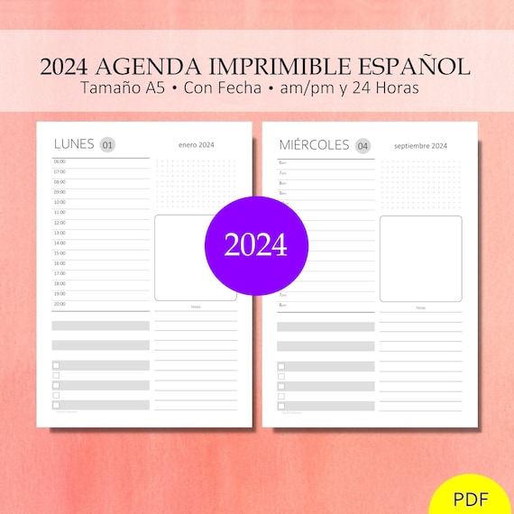 2024 Agenda Diaria Imprimible Un Día Por Página Organizador Diario 366 Días  Con Fecha En Am/pm O Tiempo 24 Horas. Español. PDF A5 