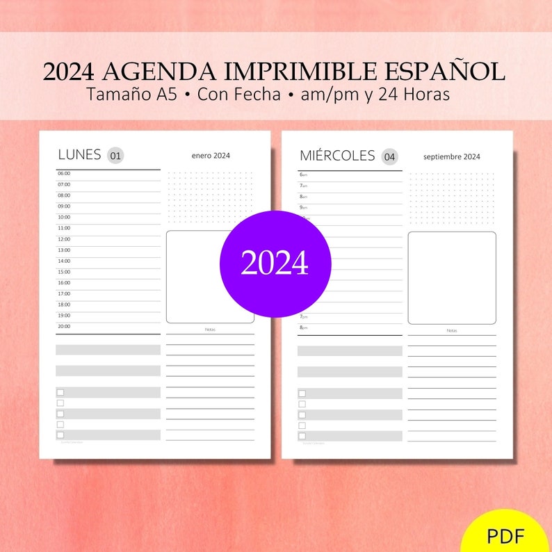 2024 Agenda Diaria Imprimible Tag Für Seite Organizador Diario 366 Tage Mit Am / Nachmittag oder 24 Horas. Spanisch. PDF-Datei Bild 1