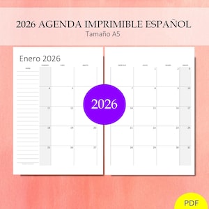 2026 Agenda Calendario Kit Planificador Español Imprimible con Vista Mes, Año, Contactos, Notas, Cumpleaño, Lista y Mas! PDF A5