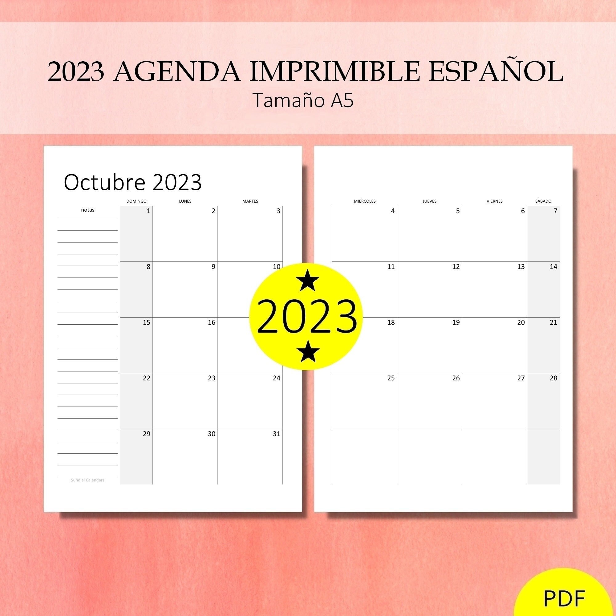 Calendario 2023 A5 Pdf 2023 Agenda Calendario Kit Planificador Español Imprimable con - Etsy France